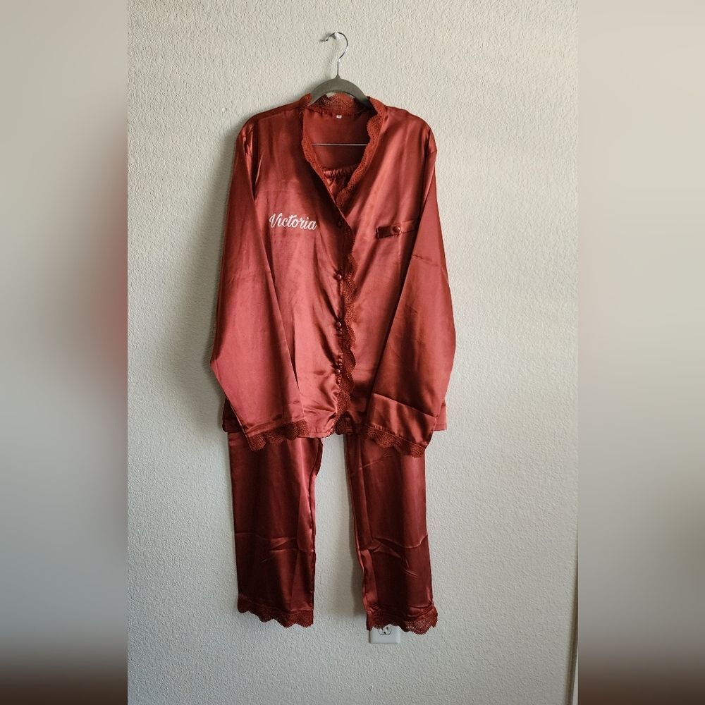 Custom Women's XXL Satin Terracotta PJ Set Bridesmaid "Victoria" Pajama Set